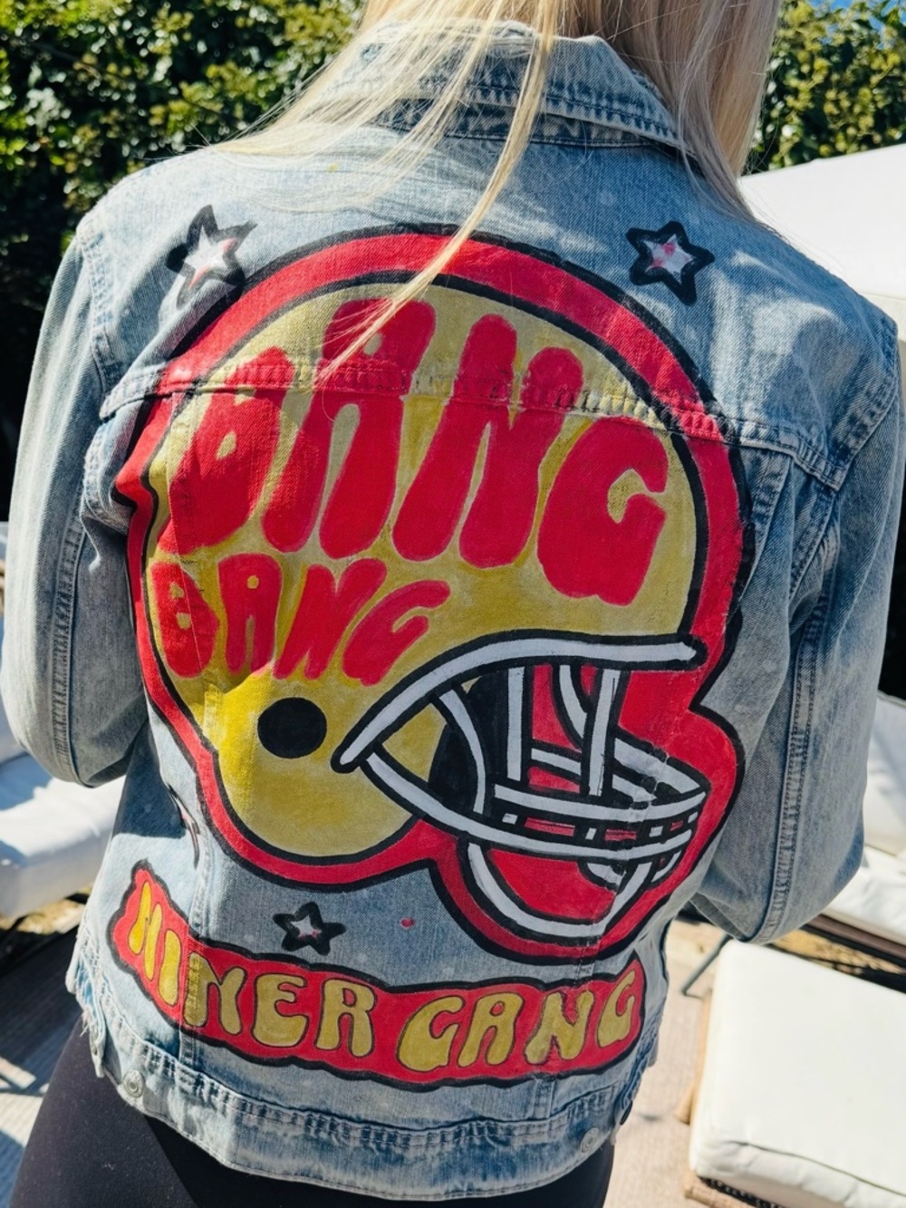 BR01 - 1 of 1 “Bang Bang Niner Gang” Hand-Painted Denim Jacket ❤️💛